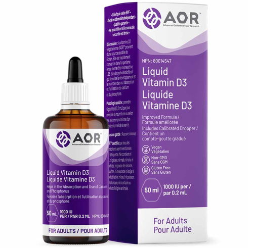 AOR Vitamin D3 Liquid Vitamin D Drops Adult, 1000IU Liquid, 50mL (250 Servings)