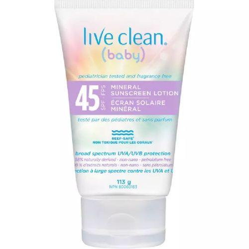 Live Clean - Baby Mineral Sunscreen Lotion SPF 45, Fragrance Free, 113ml