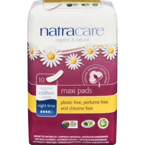 Natracare Maxi Pads, Organic Cotton Cover, Night Time, 10ct