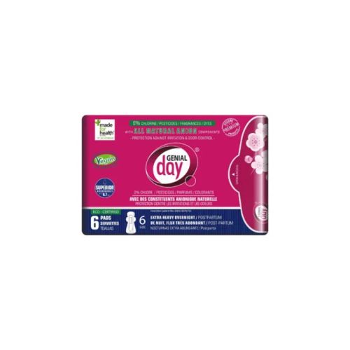 Genial Day Eco Certified Pads w/Anion Strip, Extra Heavy Overnight/Postpartu, 6ct