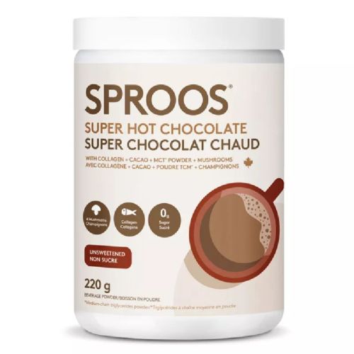 Sproos Super Hot Chocolate Beverage Powder w/Collagen, Cacao, MCT Powder & Mushrooms ,220g