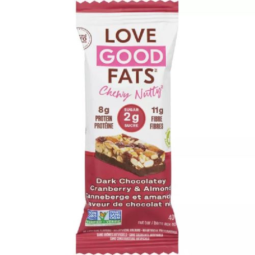 Love Good Fats Chewy-Nutty, Plant-based, Dark Chocolatey Cranberry & Almond,Case of 12(12/40g)