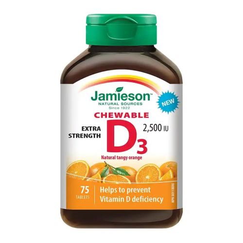 Jamieson Vitamin D3 Extra Strength 2500 IU Natural Tangy Orange 75 Chewable Tablets
