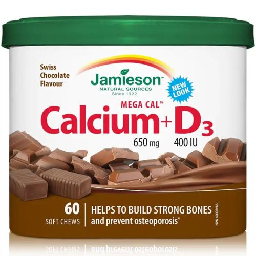 Jamieson Mega Cal Calcium 650mg + D3 400IU Chocolate 60 Soft Chews