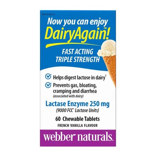 Webber Naturals Dairy Again Lactase Enzyme French Vanilla 250mg, 60 Chewable Tablets
