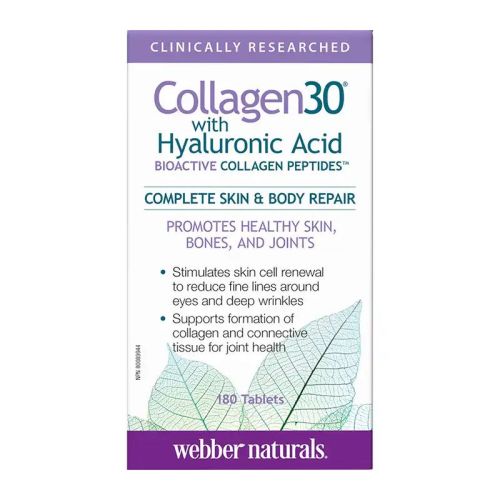 Webber Naturals Collagen30 With Hyaluronic Acid Bioactive Collagen Peptides, 180 Tablets
