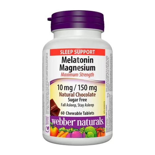 Webber Naturals Melatonin Magnesium Maximum Strength Chocolate 10mg 150mg 60 Chewable Tablets