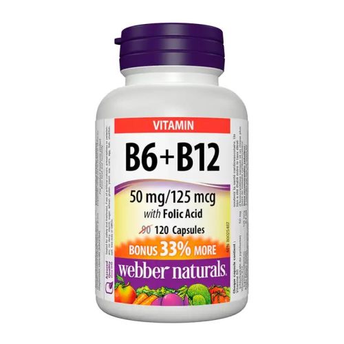 Webber Naturals Vitamin B6+B12 with Folic Acid 50mg/125mcg/0.4mg, 90+30 Capsules