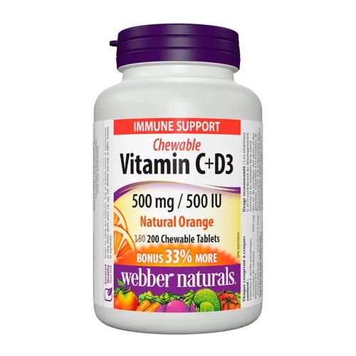 Webber Naturals Vitamin C+D3 500mg/500IU Orange, 150+50 Chewable Tablets