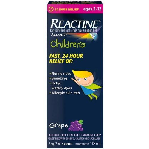 Reactine Children’s Liqiuid Allergy Medicine, Grape Flavour 5mg, 118 mL