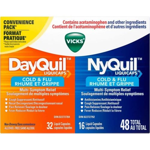 Vicks DayQuil Cold & Flu Multi-Symptom Relief Liquid Capsules + Vicks NyQuil Cold & Flu Multi-Symptom Relief Liquid Capsules, 48's