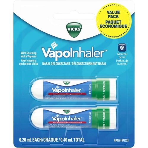 Vicks VapoInhaler Nasal Decongestant Inhaler, Menthol Scent, Pack of 2 x 0.20 mL