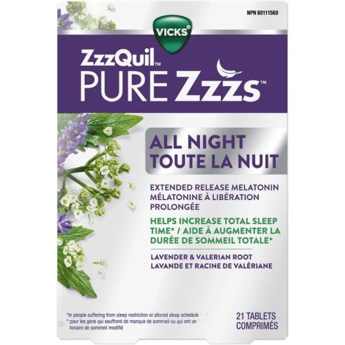 Vicks ZzzQuil PURE Zzzs All Night Extended Release, Melatonin Sleep Aid Tablets, 21 Tablets