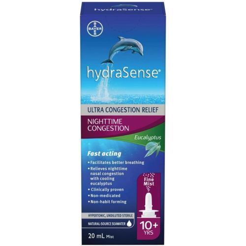 hydraSense Nighttime Congestion Nasal Spray - with Cooling Eucalyptus, Ultra Nasal Congestion Relief, 20mL