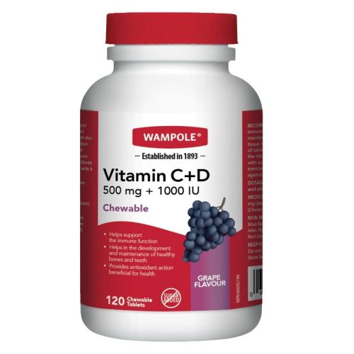 Wampole Vitamin C+D Grape Chewable, 120 Chewable Tablets