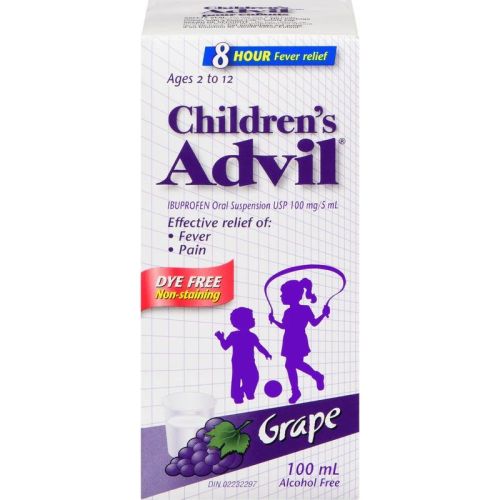 Advil Children's Fever and Pain Relief Ibuprofen Oral Suspension, Dye Free, Grape, 100 mL