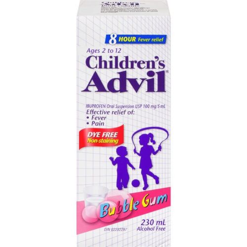 Advil Children's Fever and Pain Relief Ibuprofen Oral Suspension, Dye Free, Bubble Gum, 230 mL