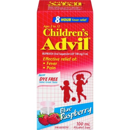 Advil Children's Fever and Pain Relief Ibuprofen Oral Suspension, Dye Free - Blue Raspberry, 100 mL