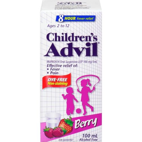 Advil Children's Fever and Pain Relief Ibuprofen Oral Suspension, Dye Free, Berry, 100 mL