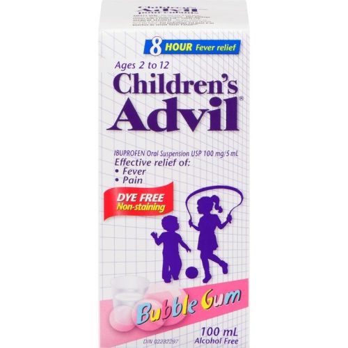Advil Children's Fever and Pain Relief Ibuprofen Oral Suspension, Dye Free, Bubble Gum, 100 mL