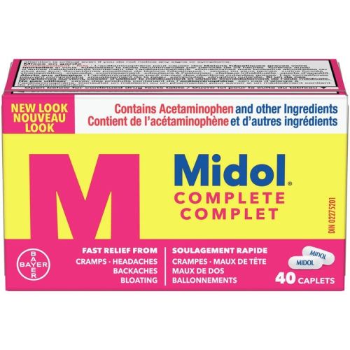 Midol Complete, Fast Multi-Symptom Period Pain Relief from Cramps, Headache, Backaches and Bloating, 40 Caplets