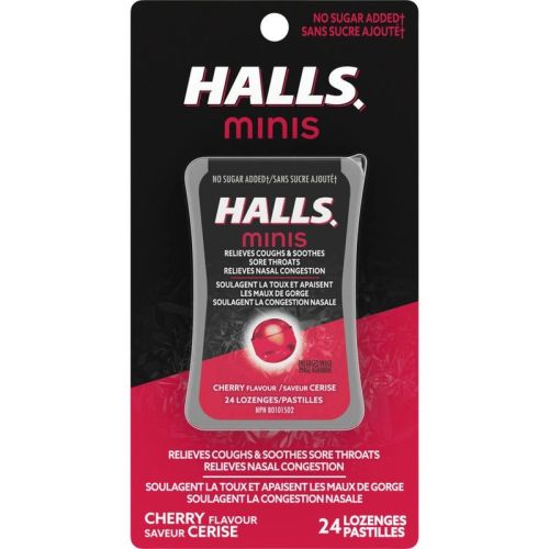 Halls No Sugar Added Relieves Cough & Sore Throat - Cherry Flavour, 24 Cough Drops