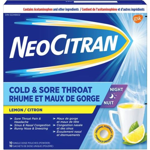 NeoCitran Cold & Sore Throat Night Hot Liquid Medication Regular Strength Lemon, 10 Pack