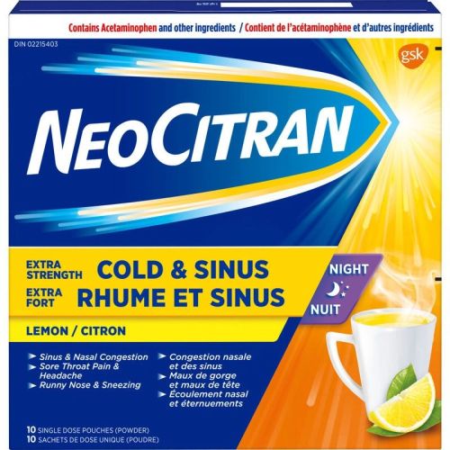 NeoCitran Cold & Sinus Night Hot Liquid Medication Extra Strength Lemon, 10 Pack