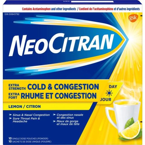 NeoCitran Cold & Congestion Hot Liquid Medication Non-Drowsy Extra Strength Lemon, 10 Pack