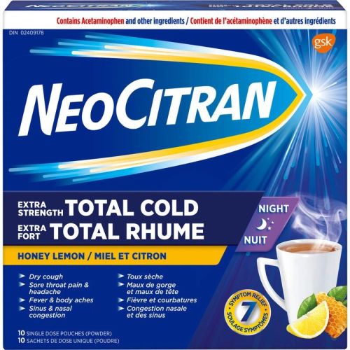 NeoCitran Extra Strength Total Cold Night Hot Liquid Medication, Honey Lemon, 10 Pack