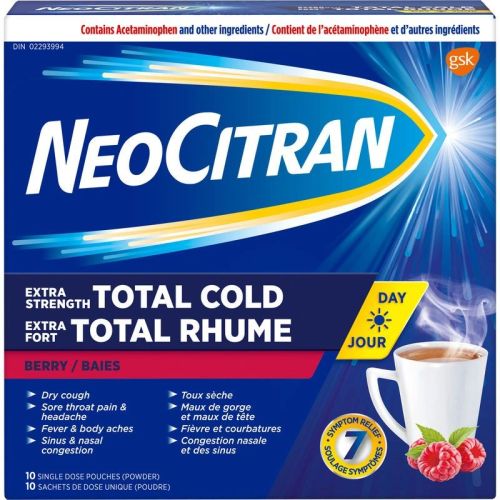NeoCitran Total Cold Non-Drowsy Hot Liquid Medication Extra Strength Berry, 10 Pack