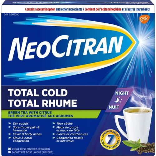 NeoCitran Total Cold Night Citrus Infusions with Green Tea Extract, 10 Pack