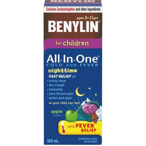Benylin Childrens' All-In-One Cold & Fever Night Liquid - Apple, 100 mL