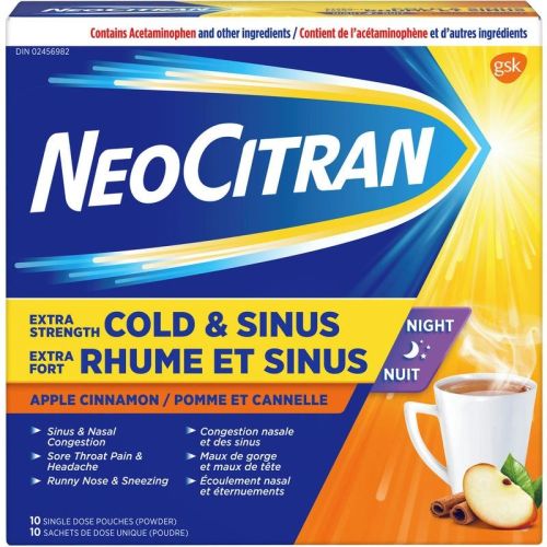 NeoCitran Extra Strength Cold & Sinus Apple Cinnamon flavour hot liquid, 10 Pack
