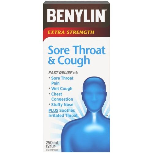 Benylin Extra Strength Sore Throat & Cough Relief Syrup, 250 mL