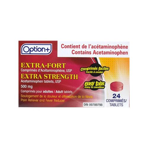 Option+ Acetaminophen Extra Strength Easy Tabs 500mg, 24 Tablets