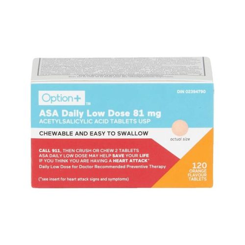 Option+ ASA Daily Low Dose Chewable Tablets 81mg, 120 Orange flavour tablets