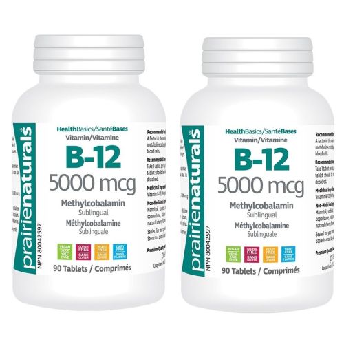 Prairie Naturals Sublingual Vitamin B12 5000mcg, DUO PACK x2 90 Tablets