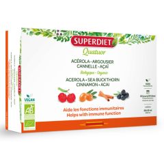 Superdiet Quatuor Acerola, Sea Buckthorn, Cinnamon & Acai, 20 ampoules of 15 ml ampoules | Organic | Vegan